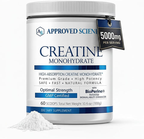 Approved Science Creatine Monohydrate Powder – with BioPerine – Supports Strength, Lean Muscle & Recovery – 5 g Per Serving – Unflavored Creatine Powder – Non-GMO, Vegan – 60 Servings