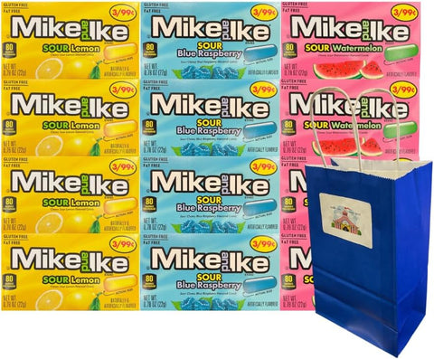 Variety Pack Mike and Ike Sour Candy Assortment with Blue Paper Gift Bag, 0.78 Oz Each, 12 Count Bulk Pack for Parties, Gifts, Events, Kids, Movie Nights, Candy Buffet, On-the-Go Snacks