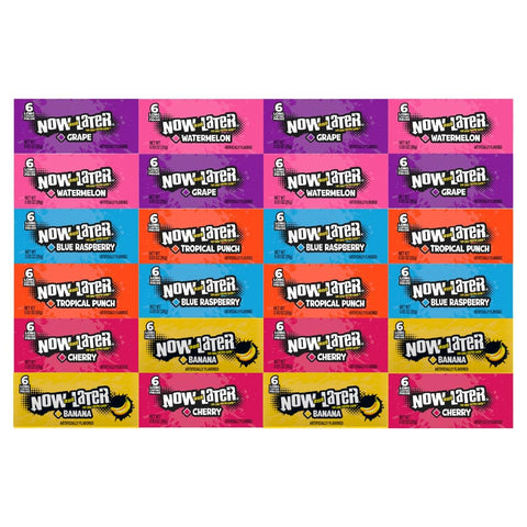 Variety Pack Candy Now and Later - 24 Pack, 4 Each of Grape, Watermelon, Blue Raspberry, Tropical Punch, Cherry, Banana, Individually Wrapped, 0.93 oz, Long-Lasting Chewy Treats