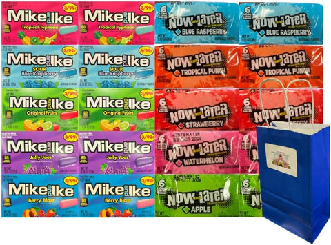 Assorted Candy Mix Variety Pack with Mike and Ike & Now and Later – 5 Flavors Each – 2 of Each – 20 Individually Wrapped Candies – Bulk Candy for Parties, Snacks, Office, Gifts – Bonus Blue Treat Bag