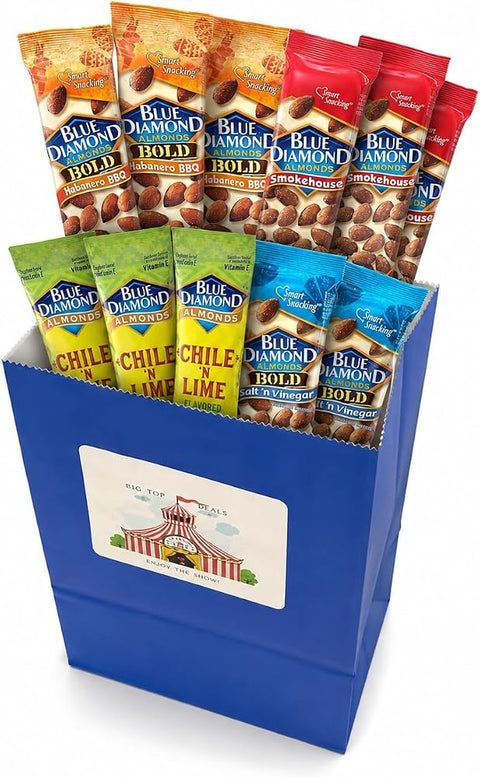 Variety Pack Diamond Almonds 12 Count – 3 Each of 4 Flavors: Habanero BBQ, Smokehouse, Chile 'n Lime, Salt and Vinegar – 1.5 oz Packs – Includes Blue Paper Gift Bag – Bold Crunchy Almond Snack