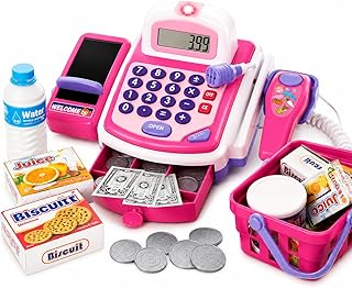 Prextex Grocery Store Pretend Play Electronic Toy Cash Register Set - STEM Cash Register for Kids with Microphone, Play Money, and Food Basket - Kids Checkout Toys with Scanner- Pink
