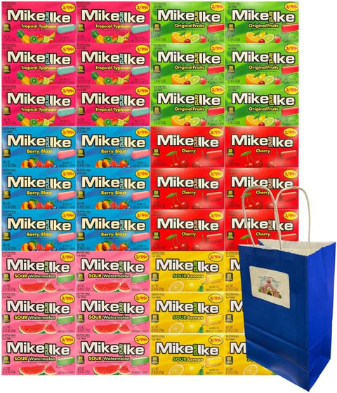 Candy Assorted Flavor Mike and Ike, 6 Flavor - Tropical Typhoon, Berry Blast, Cherry, Sour Watermelon, Sour Lemon, Original Fruits, 0.78 Oz, 6 Each Flavor, 36 Pack - Perfect for Parties & Snacking