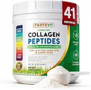 FORTEVIT Collagen Peptides Powder, Hydrolyzed Type I & III Grass-Fed Bovine Collagen, Skin, Hair, Nails, Joint & Bone Support, Unflavored, Non-GMO, Gluten-Free, for Women & Men, 16 oz