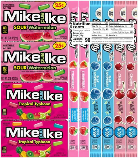 Variety Pack Candy Mix - Mike and Ike & Taffy Ropes, 2 Each 5 Flavors (Sour Watermelon, Tropical Typhoon, Strawberry, Blue Raspberry, Cherry), Individually Wrapped, 10 Pack