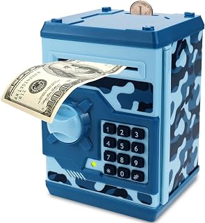 Piggy Bank for Boys Girls, 4 5 6 7 8 9 10 Year Old Girl Boy Birthday Gift Ideas, Electronic Password Money Saving Box ATM, Great Gift Safe Bank Toys for Kids (Camouflage Blue)