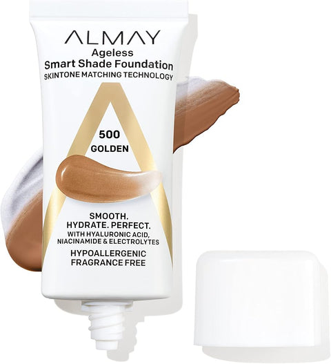 Almay Anti-Aging Foundation, Smart Shade Face Makeup with Hyaluronic Acid, Niacinamide, Vitamin C & E, Hypoallergenic-Fragrance Free, 500 Golden, 1 Fl Oz (Pack of 1)