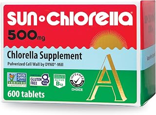 Sun Chlorella 500mg Tablets, 90%+ Pulverized Cell Wall, Non-GMO, 600 Ct