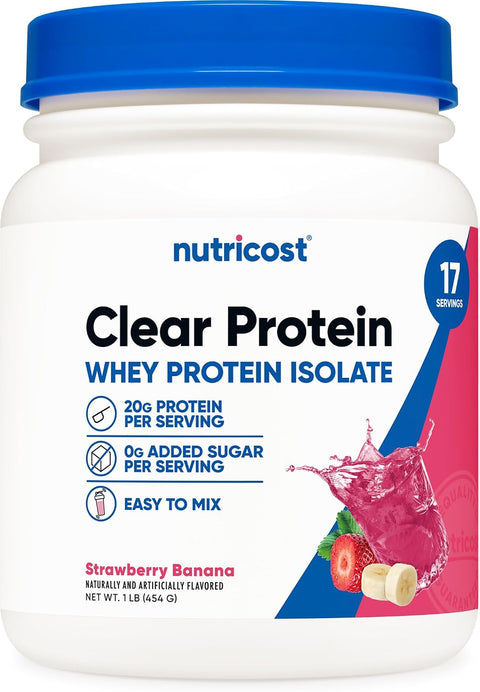 Nutricost Clear Whey Protein Isolate Powder (Strawberry Banana) 1 LB - 20g Protein Per Serving, Zero Added Sugar, Easy-Mix WPI Drink, Gluten-Free, GMO-Free, 17 Servings