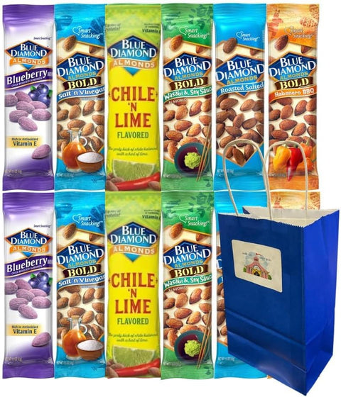 Variety Pack Diamond Almonds 12-Pack – 1.5 Oz Each – Flavored Almond Snacks with Blue Paper Gift Bag – Roasted Nuts for Adults, On-the-Go, Lunchbox, Travel, Office