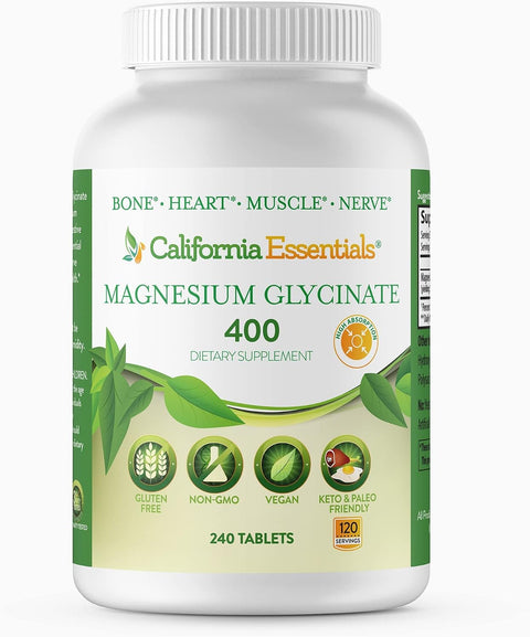 Magnesium Glycinate 400 - Chelated, High Absorption Magnesium for Muscle Relief, Bone & Heart Support -Vegan, Non-GMO, Gluten-Free 240 Tablets (Servings 120, Serving Size (2) 200mg Tablets)