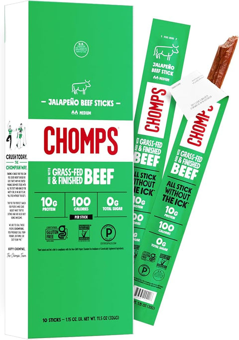 Chomps Jalapeño Beef, Grass-Fed & Finished, 10ct, Protein Snack Stick - Personal Care