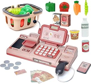 Pretend Play Calculator Cash Register Toy with Sound,Microphone,Scanner,Credit Card and Conve Belt Play Food Classic Count Toy Preschool Gift for Kids Boys Girls 3 4 5 6 7 8 Years