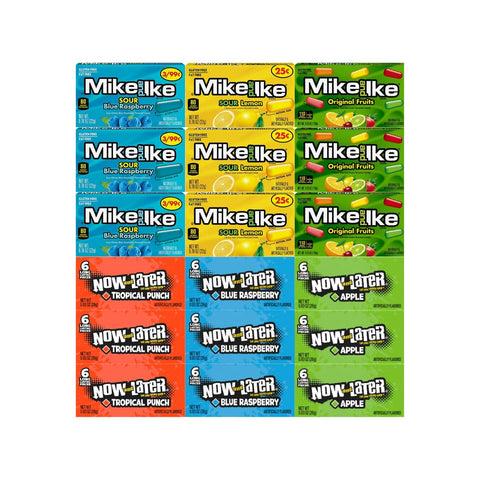 Assorted Candy Mix 18 Pack – Includes 3 Flavors of Mike and Ike & Now and Later – Sour Blue Raspberry, Sour Lemon, Original Fruits – Tropical Punch, Blue Raspberry, Apple – Individually Wrapped