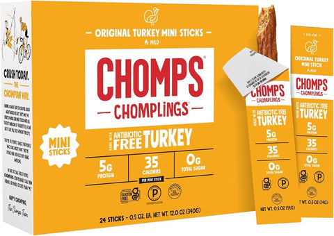 Chomps Original Turkey Chomplings Antibiotic Free, 24ct Protein Snack Stick