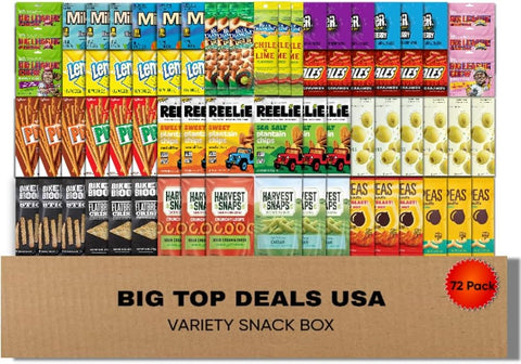 BIG TOP DEALS USA Variety Snack Box 72 Count Candy, Chips & Sweet Treats Assortment Gift Box for Parties, Office, College, Birthdays, Care Packages