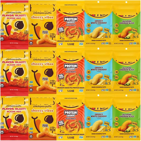 Chickpea Puffs Variety Pack, Blazin' Hot, Cheezy Vibes, Pizza Party, Groovy White Cheddar & Jalapeno Cheddar Blaze, 15 Pack