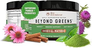 Live Conscious Beyond Greens Superfood Powder - Delicious Debloating Super Greens Powder - Matcha Greens Blend w/Chlorella, Echinacea, Probiotics for Immune Support & Energy