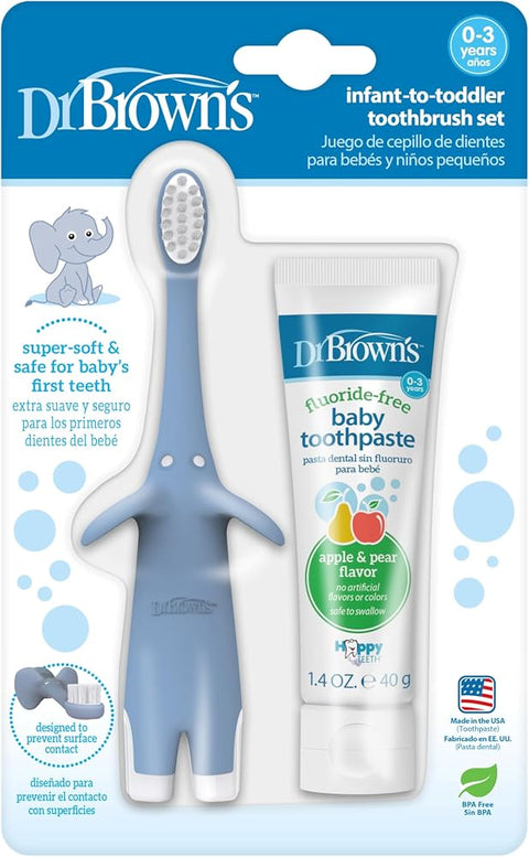 Dr. Brown's Infant-to-Toddler Toothbrush and Toothpaste Set, Blue Elephant