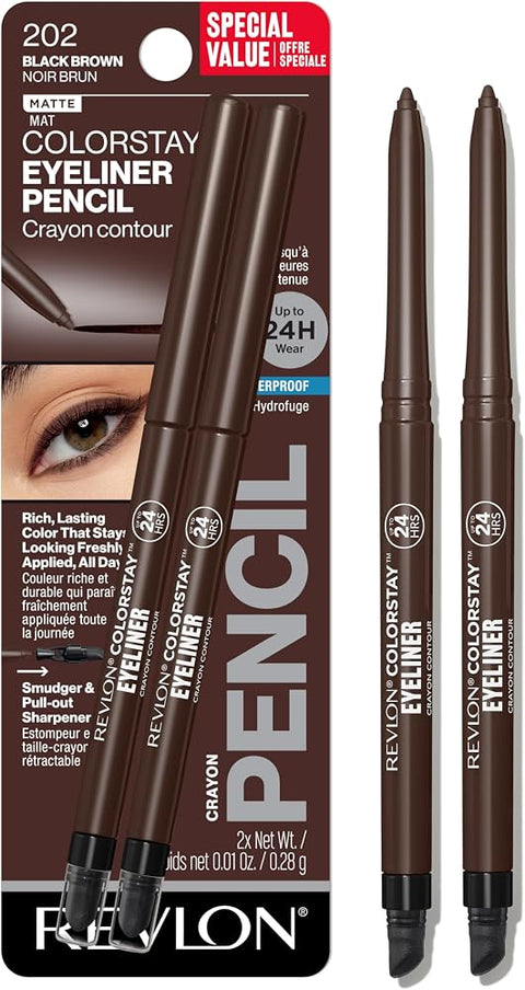 REVLON ColorStay Pencil Waterproof Eyeliner, 202 Black Brown, 2 pack