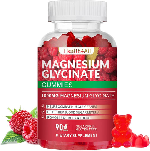 Magnesium Glycinate Gummies 1000mg, High Absorption Sugar Free Magnesium Potassium Supplement for Relaxation, Stress Relief, and Sleep Support for Adults & Kids - 90 Raspberry Gummies