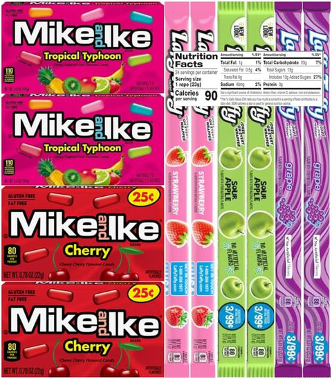 Variety Pack Candy Mix - Mike and Ike & Taffy Ropes, 2 Each 5 Flavors: Tropical Typhoon, Cherry, Strawberry, Sour Apple, Grape, Individually Wrapped, 10 Pack - Assorted Candy Treats