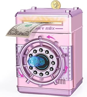 Refasy Piggy Banks for Girls, Electronic Money Bank Password Money Safe Cash Coin Piggy Bank, Fingerprint Simulation Bank Toys for 3 4 5 6 7 8 9 10 12 Year Old Girls Kids Birthday Xmas Gifts (Pink)