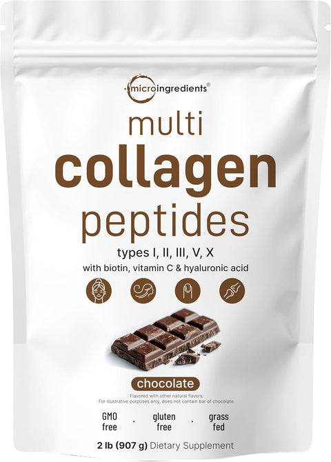 Micro Ingredients Multi Collagen Peptides Powder, 2lb | Type I, II, III, V, X + Biotin, Vitamin C & Hyaluronic Acid | Chocolate Flavor | Supports Hair, Skin & Joint Health | Keto, Non-GMO