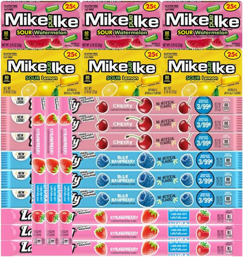 Variety Pack Candy Mix Mike and Ike & Taffy Ropes, Assortment of 3 Each in 5 Flavors, Individually Wrapped – Sour Watermelon, Lemon, Cherry, Blue Raspberry, Strawberry – Ideal for Sharing