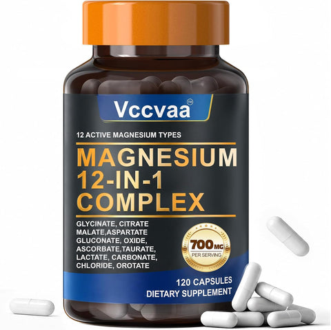 Magnesium Complex 700mg | 12-in-1 High Absorption Supplement | Glycinate, Citrate, Malate, Taurate & More | Sleep Support, Muscle Cramp Relief, Stress, Heart & Nerve Health | 120 Vegan Capsules