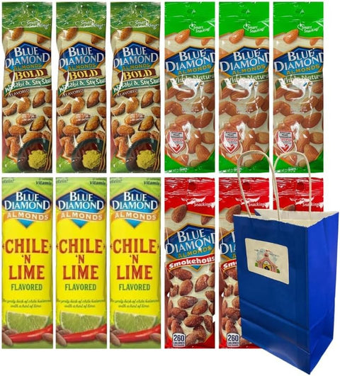 Variety Pack Diamond Almonds 12 Pack, 4 Flavors, Whole Natural, Chile 'n Lime, Wasabi Soy Sauce, Smokehouse, Healthy Snack Pack, 1.5 oz Bags, with 5.25x3.2x8 Blue Gift Paper Bag
