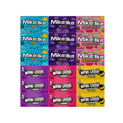 Assorted Candy Mix Variety Pack – 3 Flavors of Mike and Ike & 3 Flavors of Now and Later – Includes Sour Blue Raspberry, Jolly Joes, Sour Watermelon, Grape, Cherry, Banana – 18 Pack Individually Wrapped