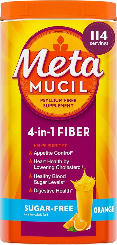 Metamucil 4-in-1 Psyllium Husk GLP-1 Friendly Fiber Supplement, Sugar-Free, 114 teaspoons, Orange Flavored, Daily Fiber Powder for Digestive Health, made with Plant-Based Psyllium Husk Fiber