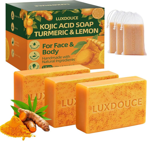 Kojic Acid Soap for Dark Spots, Turmeric & Lemon, 3 Bars, 120g/4.23oz Each - Personal Care