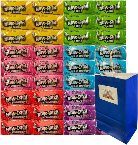 Variety Pack Now And Later Candy 36 Count – 6 Flavors, Watermelon, Apple, Banana, Grape, Blue Raspberry, Strawberry – Individually Wrapped – Party Snacks + Blue Paper Gift Bag 5.25x3.2x8