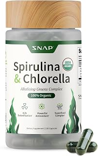 Snap Supplements USDA Organic Spirulina and Chlorella, 120 Vegan Capsules