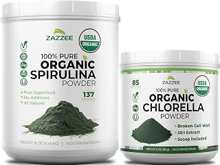Zazzee USDA Organic Spirulina and Chlorella Powder | Organic Greens Superfood Bundle with Broken Cell Wall Chlorella (6oz) Plus Raw Spirulina Algae (16oz) | Non-GMO Vegan & ISO Lab Tested