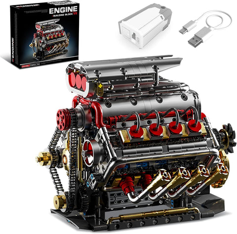 V8 Engine Model Kit that Runs, 8-Cylinder Car Engine Building Set with Rechargeable Motor, Compatible with Lego for Adults, STEM Engineering Construction Toy for Teens Boys (1176 PCS)