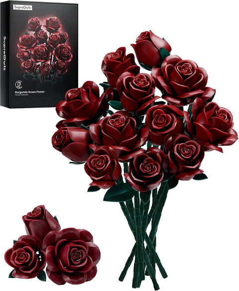 Burgundy Red Rose Bouquet Building Set Flower Botanical for Adult Women