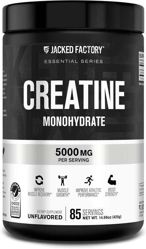 Jacked Factory Creatine Monohydrate Powder 425g - 5g Daily Micronized Creatine Monohydrate for Men and Women, Vegan-Friendly, Third-Party Tested - 85 Servings, Unflavored