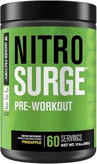 Jacked Factory NITROSURGE Pre Workout Supplement - Energy Booster, Instant Strength Gains, Clear Focus, & Intense Pumps - NO Booster & Powerful Preworkout Energy Powder - 60 Servings, Pineapple