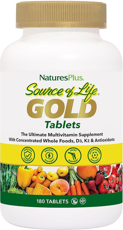 NaturesPlus Source of Life GOLD Multivitamin - 180 Tablets - With Vitamins D3, B12 & K2 - Blood, Bone & Immune Support - Vegetarian & Gluten Free - 60 Servings