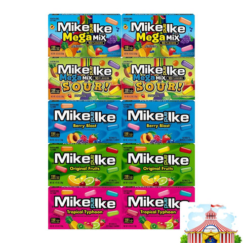 Candy Assorted Flavor Mike And Ike - Original Fruits, Tropical Typhoon, Berry Blast, Mega Mix, and Mega Mix Sour - Theater Size Boxes (10 Pack)
