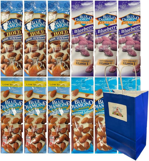 Variety Pack Diamond Almonds 12 Count – 4 Flavors: Salt 'n Vinegar, Roasted Salted, Lightly Salted, Blueberry – 3 Each – 1.5 oz Snack Packs + Blue Paper Gift Bag – Healthy On-the-Go Nuts