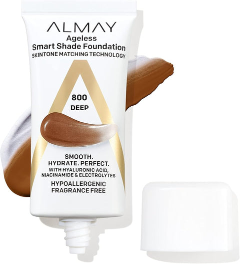 Almay Anti-Aging Foundation, Smart Shade Face Makeup with Hyaluronic Acid, Niacinamide, Vitamin C & E, Hypoallergenic-Fragrance Free, 800 Deep, 1 Fl Oz (Pack of 1)