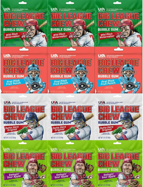 Variety Pack Big League Chew Bubble Gum, 12 Pouches (2.12 oz each), Assorted Chewing Gum, Bulk Bubble Gum, Fun Shredded Style Gum for Kids & Adults, Classic Dugout-Inspired Candy