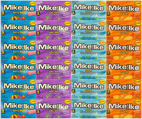 Big Top Deals USA Blue Paper Gift Bags with Mike and Ike Candy 24 Count – 6 Each of 4 Flavors – Jolly Joes, Berry Blast, Sour Blue Raspberry, Orange – 0.78 oz – Party Favors, Snacks, Treat Bags
