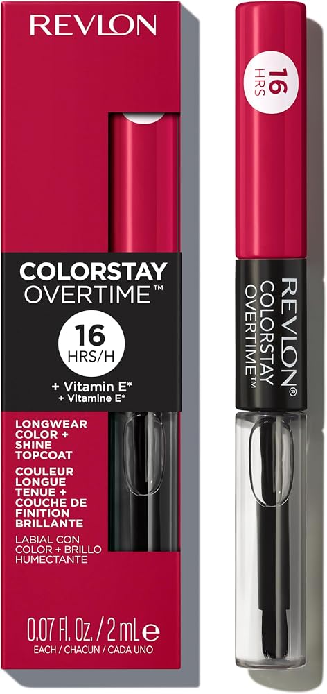 Revlon ColorStay Overtime Lipcolor, 480 Unending Red, 0.07 fl oz | Dual-ended liquid lipstick with clear lip gloss. Moisturizing ingredients. Won't smudge, bleed or feather. - Lip Makeup - Beauty