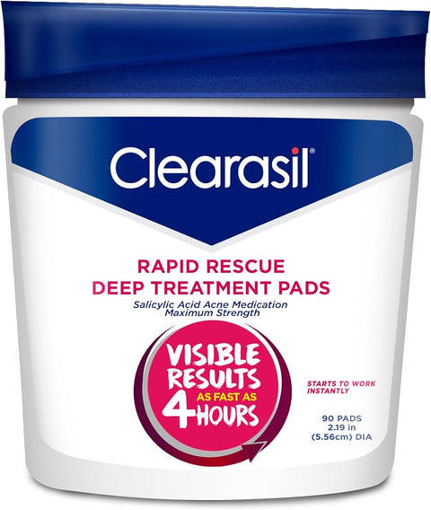 Clearasil Rapid Rescue Deep Treatment Acne Face Pads, Maximum Strenght with 2% Salicylic Acid Acne Treatment Medicine, 90 Count