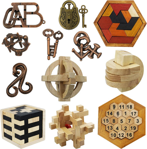 Arlai 12 pcs Wooden Brain Teaser Puzzle & Metal 3D Unlock Interlocking